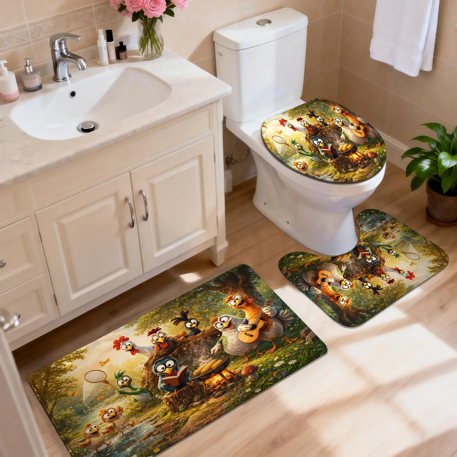 

Whimsical Woodland Animal Print Bath Mat Set, Cute Forest Rug for Bathroom Decor Home Toilet Accessories