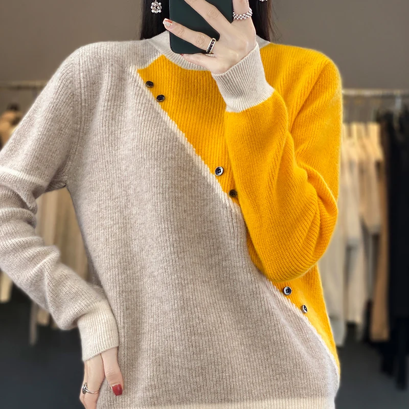 New 100% Pure Wool Sweater Women's Half High Neck Loose Fashion Pullover Luxury Soft Comfortable Cashmere Sweater Knitted Tops