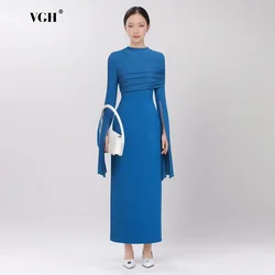 VGH Formal Solid Women Maxi Dress O Neck Long Sleeve Split Design Spliced Folds High Waist Tunic Party Dresses Female Autumn New