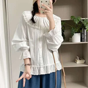 모리케이 의류 일본 레트로 디자인 긴 랜턴 소매 프릴 솔리드 셔츠 및 블라우스, 코튼 그레이 상의, 로리타 의류