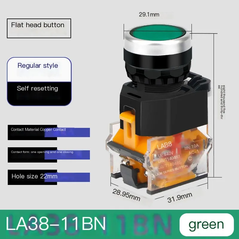 Push Button Switch Push-Type Self-Resetting La38-11Bn Power Supply Flat Head Start Stop Round Inching Start Stop Self-Resetting Inching Push-Type 22mm