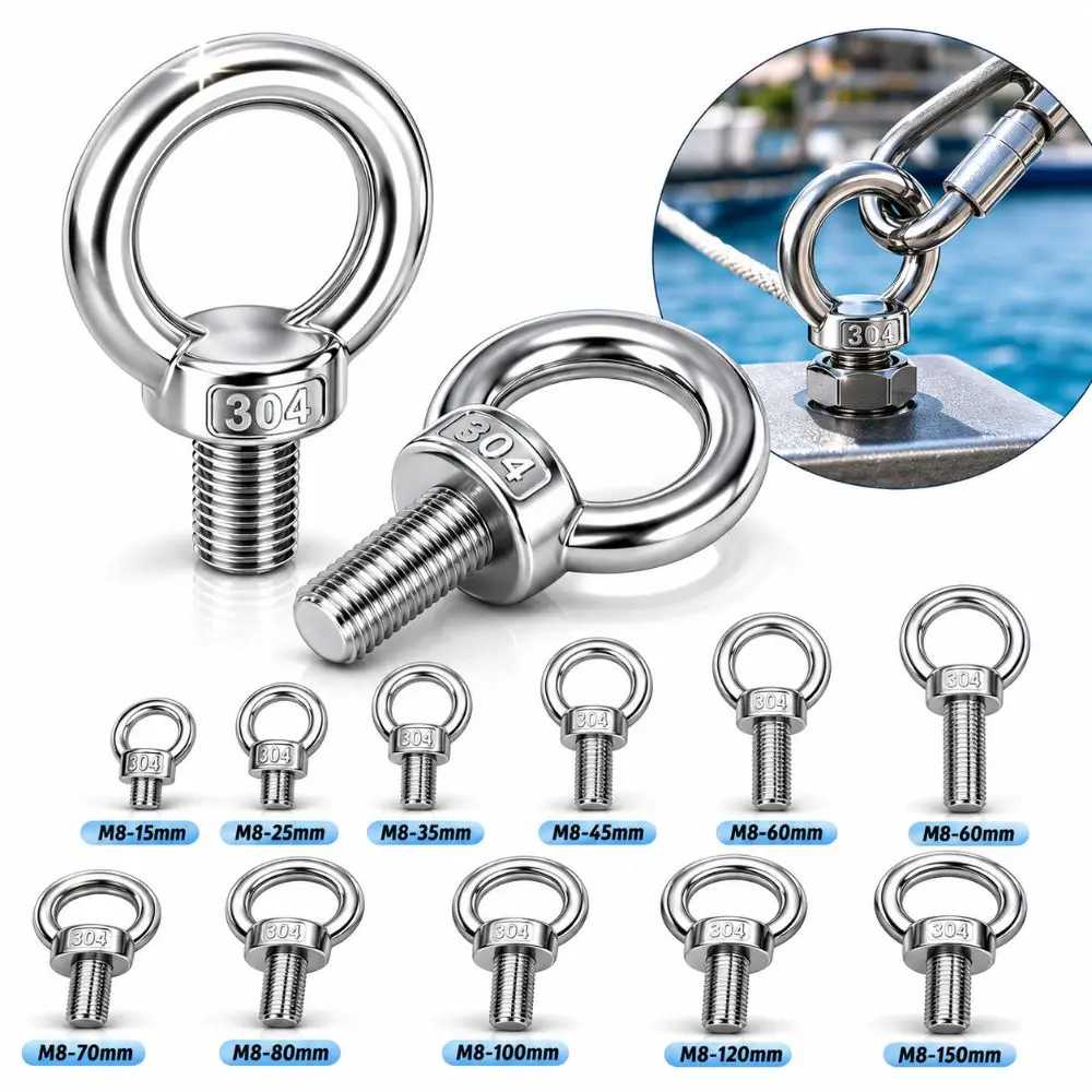 304 Stainless Steel Eye Bolts Heavy-Duty Hand-twisting O-Ring Extended Bolts Rust Prevention M8 15-150mm Lifting Bolts Eyelets