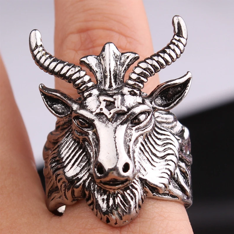 Retro Sigil of Baphomet Large Ring For Men Punk Gothic Rock Hiphop Open Ring Handmade Designer Jewelry Biker Accessories Gift