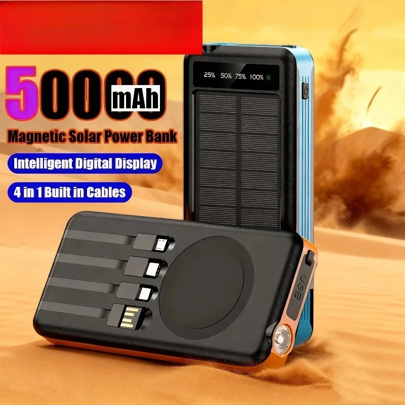 

For 50000mAh 4 In 1 Solar Wireless Power Bank Large Capacity Portable Charger Fast Charging External Battery For Phone New