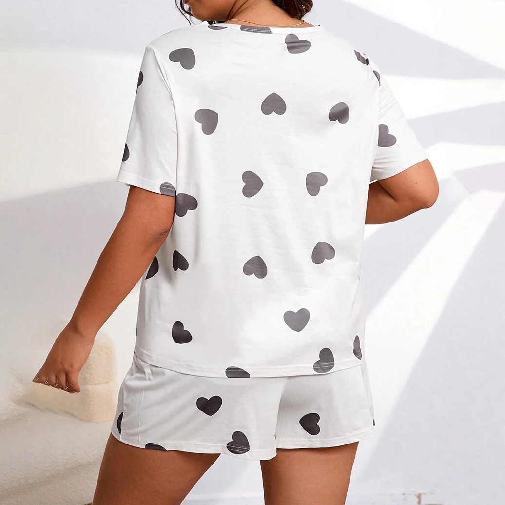 5XL Plus Size Women\'s Pajama Set Short Sleeve Heart Print Top & Shorts 2 Pieces Sleepwear Faux Cotton Screw Neck Nightwear