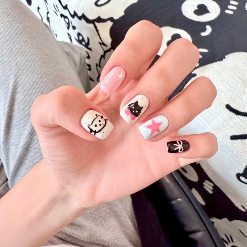 

10 шт. короткие квадратные накладные ногти ручной работы Y2K Design Cute Bow Star Heart French Tip Art Full Cover Press on Fake Nails для женщин