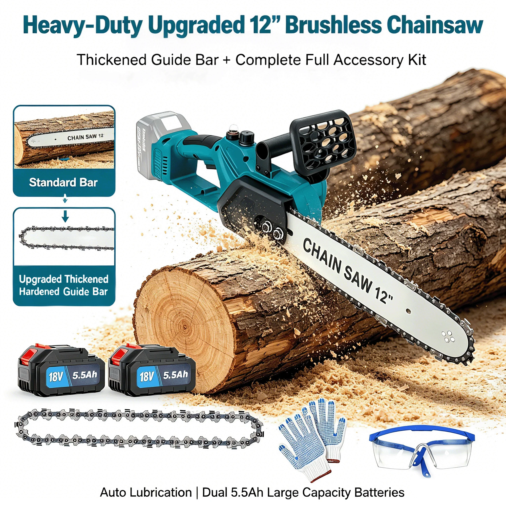 12-Zoll Akku-Kettensäge 400W Holzschneider Kompatibel mit Makita 18V Komplettset mit Doppelbatterien & Vollständigem Sicherheitszubehör