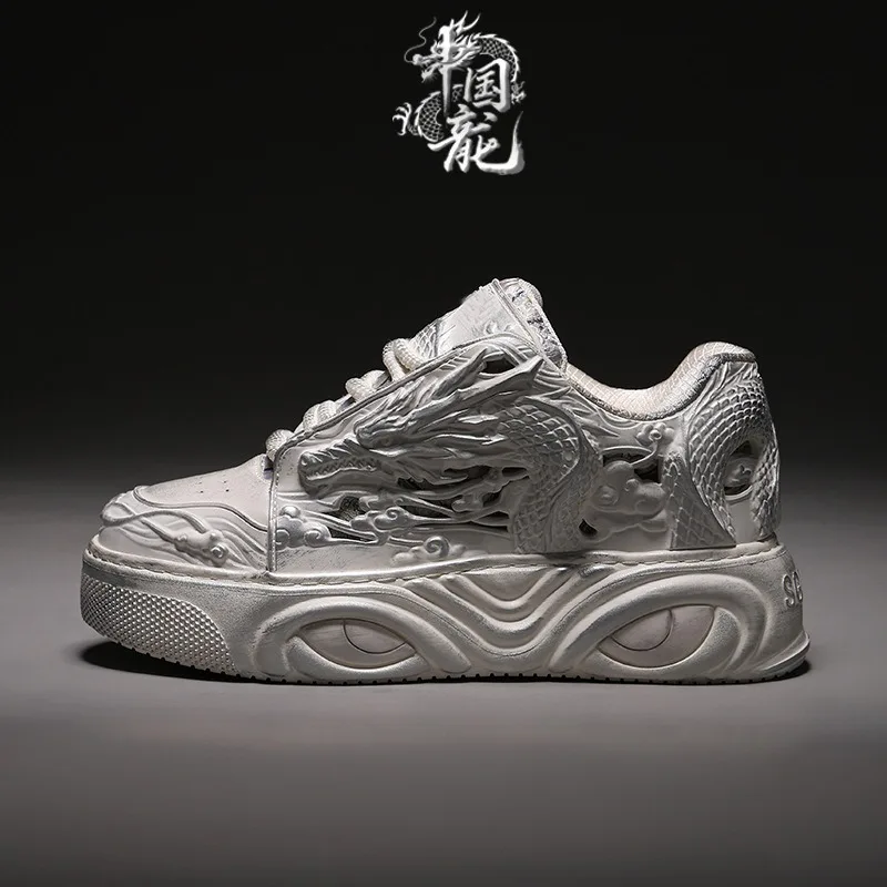 Men Dragon Totem Platform Board Shoes 2026 Lowtop Breathable Rubber Sole Wearresistant Laceup Casual Sneakers White Black