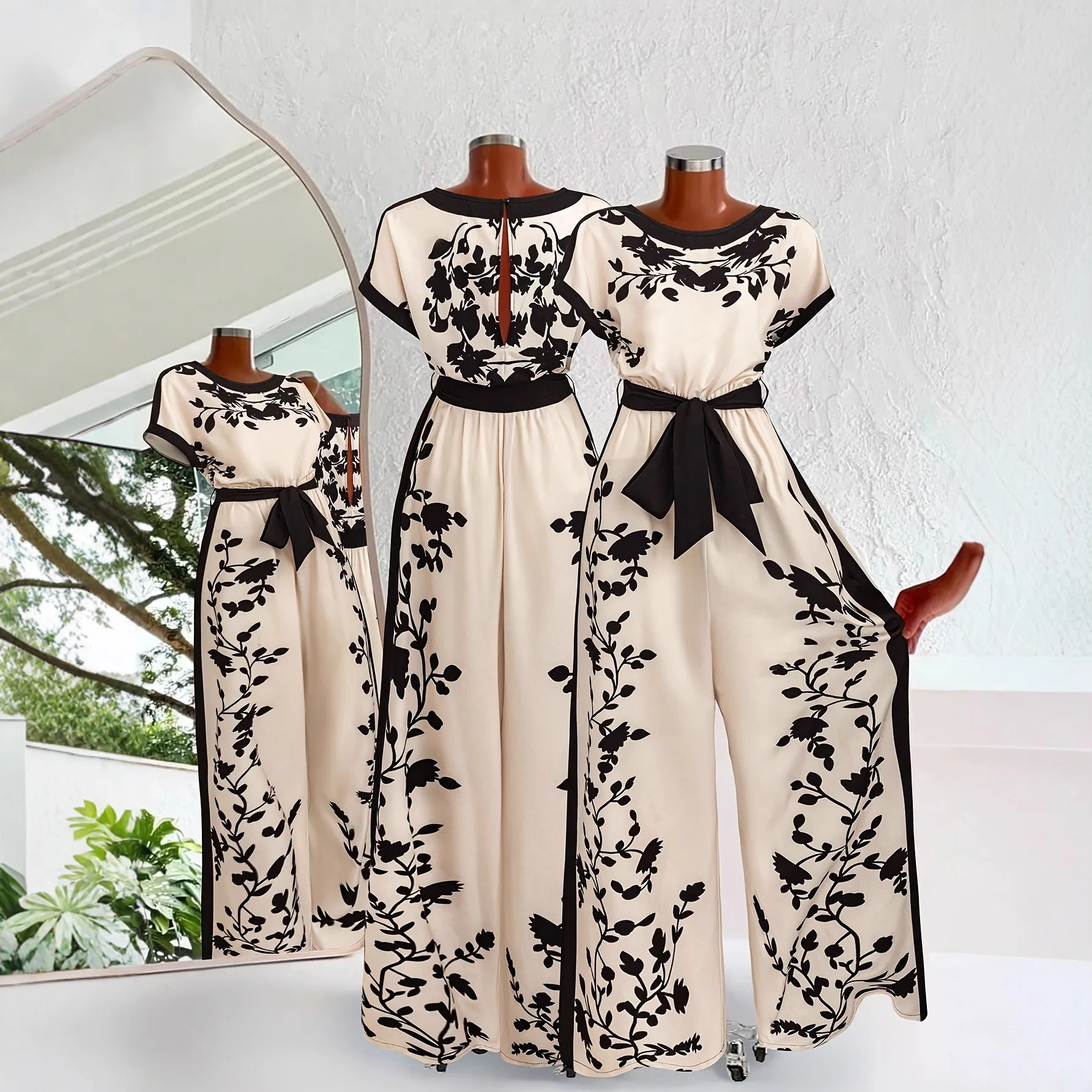 

Cross-Border European And American New Style Women's Elegant Backless Jumpsuit Printed Color Block Waist Tie Short Sleeve Romper