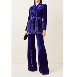 Purple Velvet Women's Suit with Belt Elegant Peak Lapel Single Breasted Outfits Formal Casual Office Lady Pants Sets 2 Piece