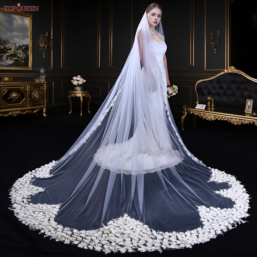 TOPQUEEN Bridal Elegant 3d Floral Lace Veil White Soft Tulle Cathedral Bridal Veil For 2024 Wedding Accessories Customizable V03