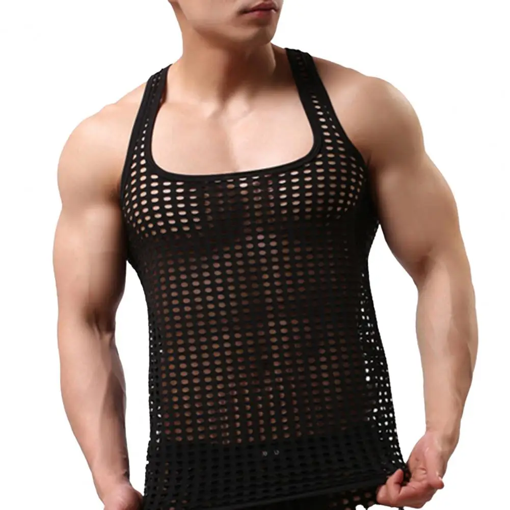 Sexy Men Vest Hollow Out Mesh Sleepwear Fish Net Pure Color Vest