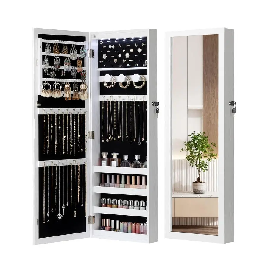 

6 LEDs Mirror Jewelry Cabinet, Large Capacity Lockable Jewelry Armoire Organizer, Door or Wall Mounted Mirror with Jewelry Stor