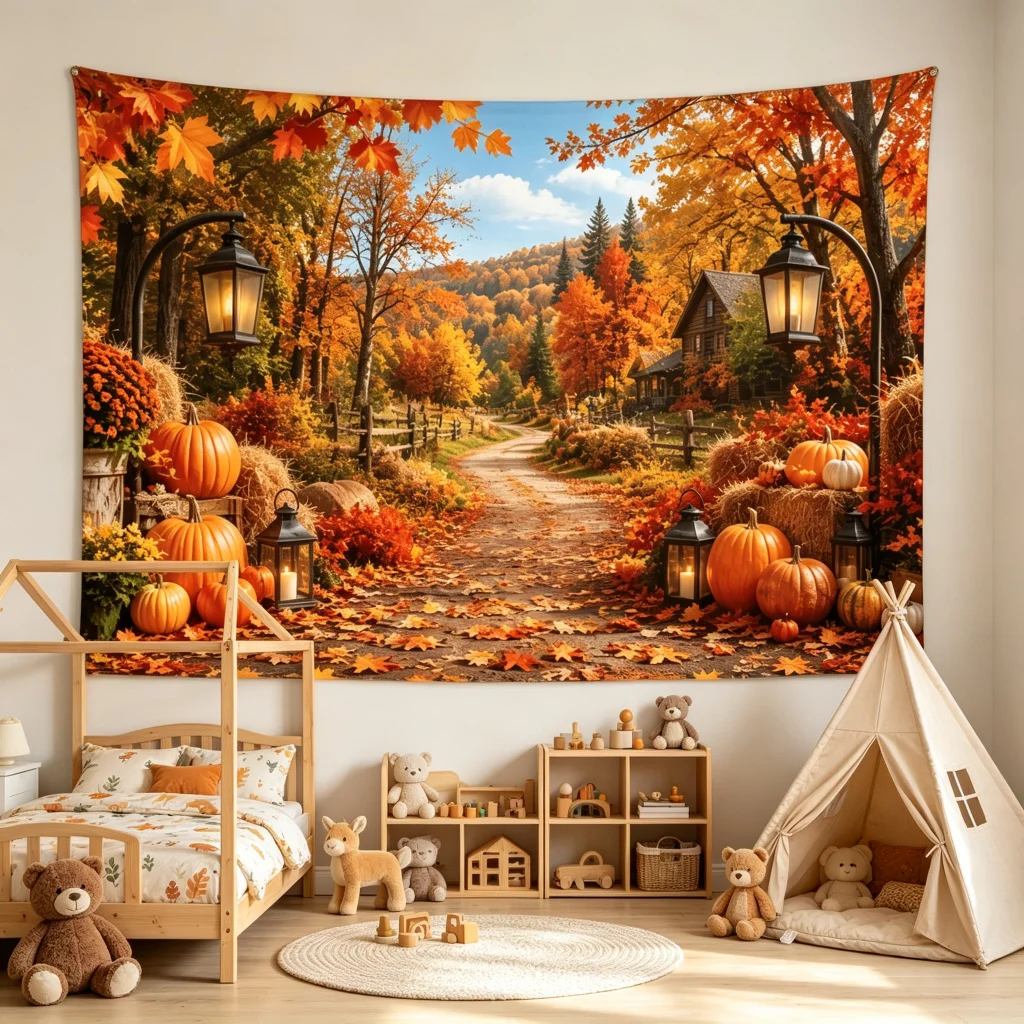 1PC Thanksgiving Fall Country Harvest Pumpkin Maple Cabin Print Backdrop Banner, Bedroom Living Room Kitchen Photo Background