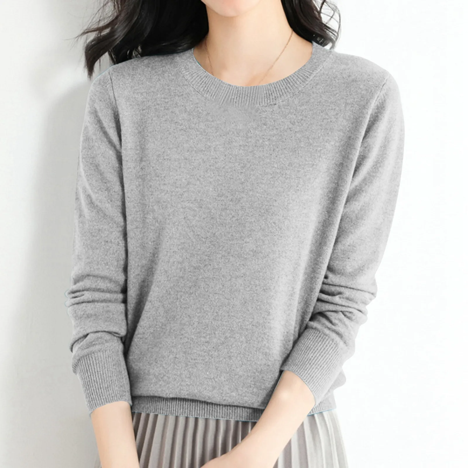 Women's Solid Colour Pullover Sweater Women's Casual Low Neck Round Neck Sweater Knitwear Winter Loose Bottom Pullover Sweater