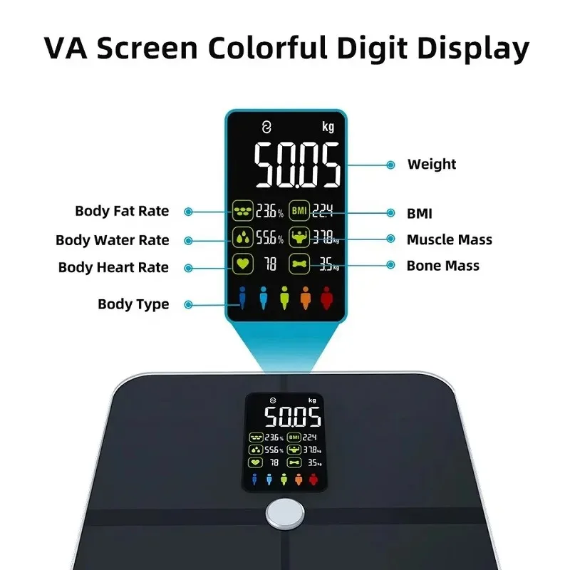 Digital Body Fat Scales, Human Body Scale, Smart TFT Color Screen, Heart Rate, Precise and Professional Smart body Weight Scale