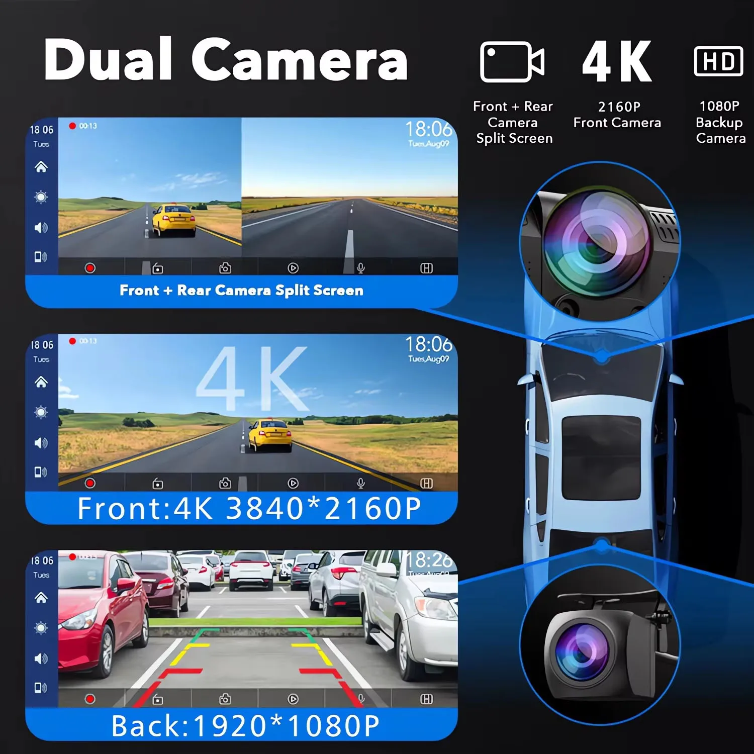 4K 2160P Dash Cam 10.26' All in One Car Stereo with Android Auto Carplay Built in WiFi Bluetooth Support GPS 1080P Rear Camera