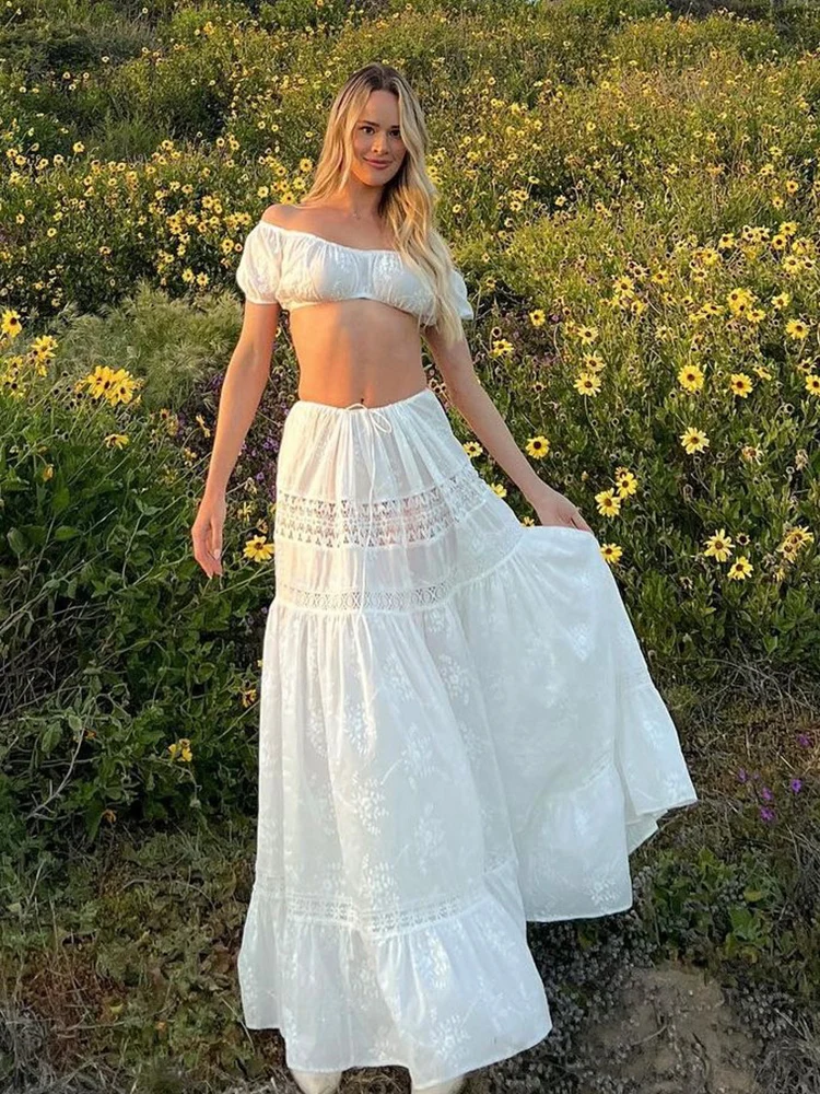 レーススカートセットドレス夏の女性のビーチホリデーセクシーな綿マッチングセット衣装春白 2 個 Vestidos 女性セット 2025