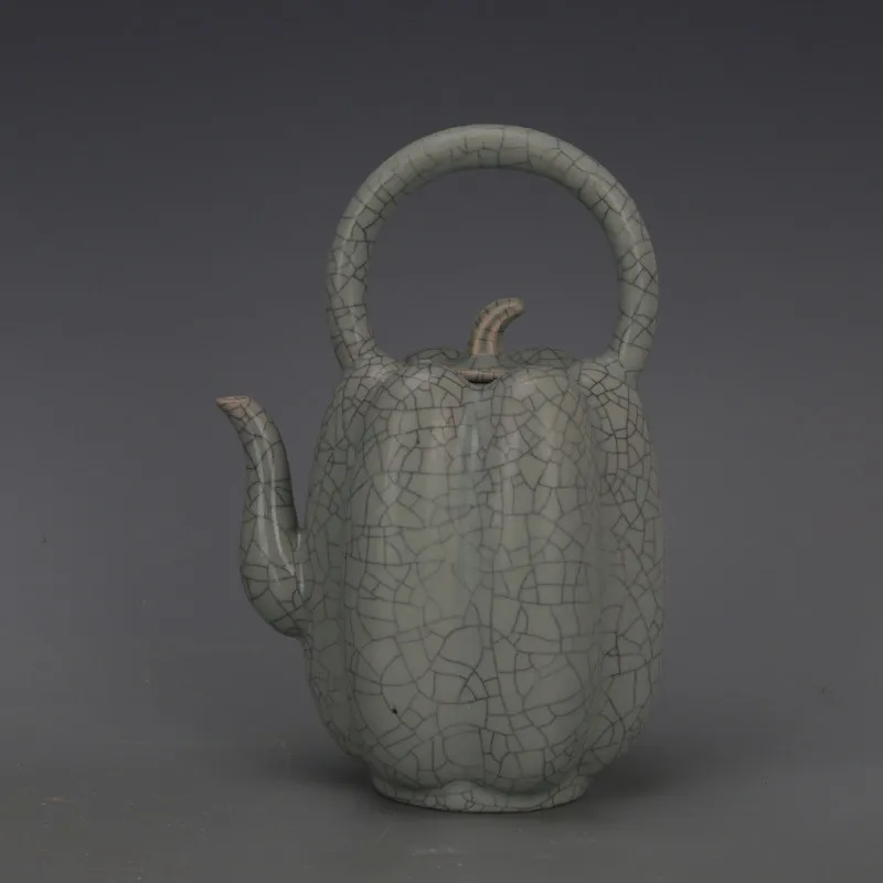Song Dynasty Celadon Glaze Crackle Qingliang Pumpkin Teapot Spur Firing Handmade Reproduction Porcelain Tea Decor Collectible