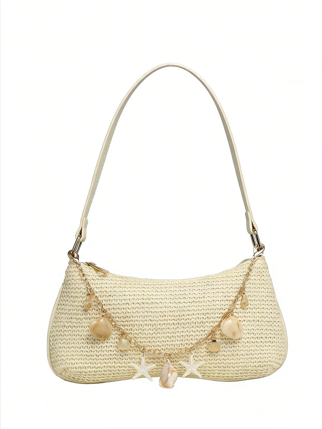 

1pc Women's Vintage Resort Woven Crossbody Bag with Ocean Creature, Faux Pearl, Cherry & Faux Fur Tail, Suitable for Dates, Outi