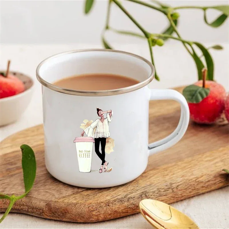 Creative Coffee Cup But First Coffee Girl Printed Mugs Drinks Dessert Breakfast Milk Cups Enamel Mug Handle Drinkware Best Gifts