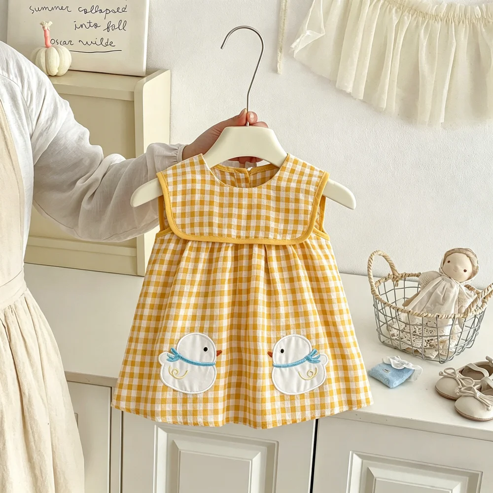 Baby Dress Summer Checkered Cartoon Cotton Girl Dress Cute Beach Casual Children's Dress Baby Girl Clothes ﻿