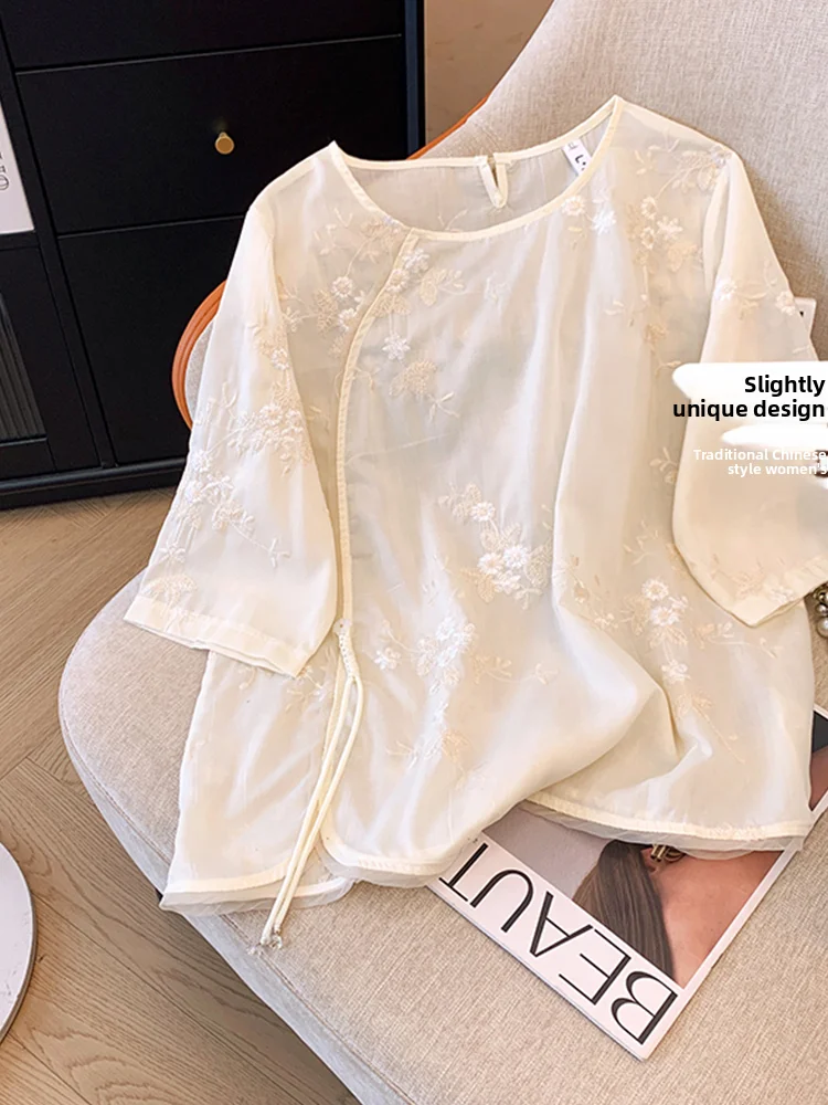 New Chinese Sle Women's Loose ort Sve Embroidered irt Summer Faionable Vintage Zen Heavy Embroidery T-irt Top