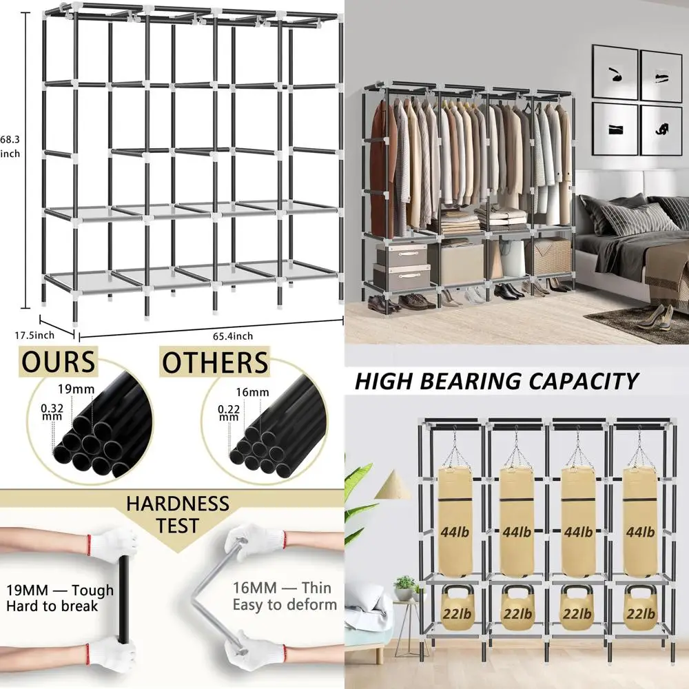 

Серый портативный шкаф-гардероб на молнии с 4 полками и отсеком для хранения, высота 65,4 дюйма, вместительный шкаф для одежды