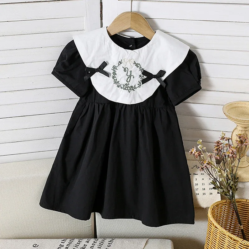 أطفال حفلة القوس Dress1-6Yrs طفل الفتيات فستان ملابس الرضع الصيف الأطفال التطريز زهرة دمية طوق فقاعة القطن الأسود