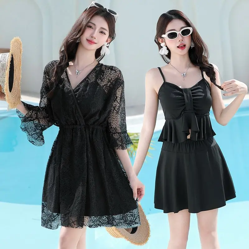 

Big Size Swimsuit Women Belly Shading Slim Sexy Three Piece Large Breasted Split High Waisted Swimsuit Soft Lace Cover Up