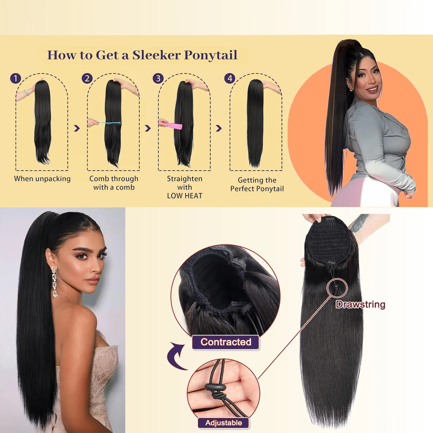 Ponytail Extensions Drawstring Long Straight Fake Pony Tail Soft Clip in Hair Extension Synthetic Heat Resistant view 5