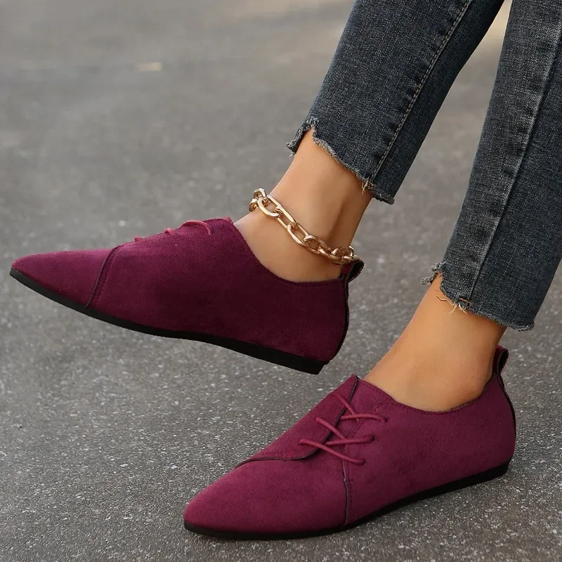 Women's Retro Loafers Pointed Suede Flats Lace-up Women's Casual Sneakers Women's Shallow Mouth Comfortable Zapato Plano