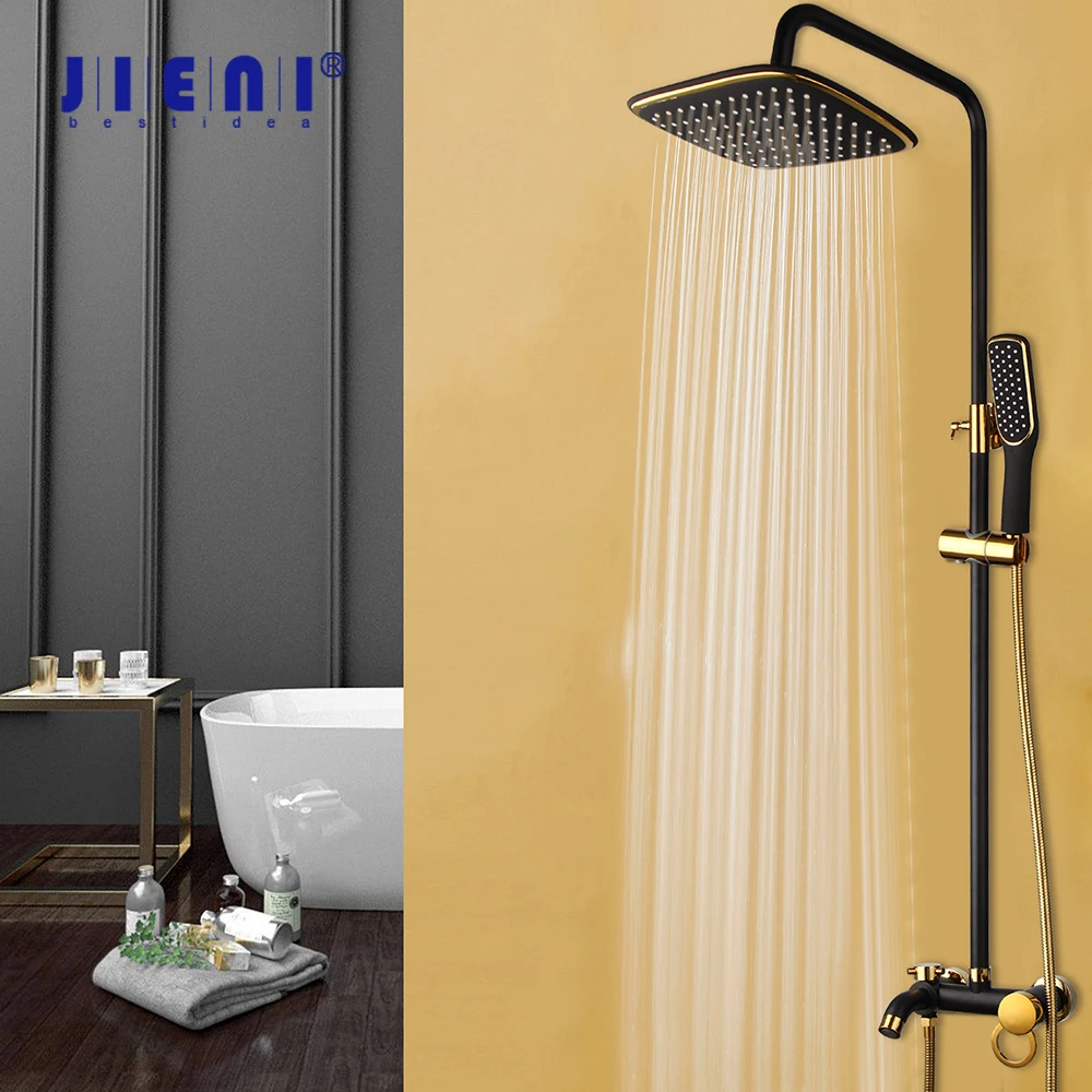 JIENI 8 Inch Black Golden Bathroom Rainfall Shower Head System Bath & Shower Faucet Mixer Shower Set W/ Hand Spray Tap Set