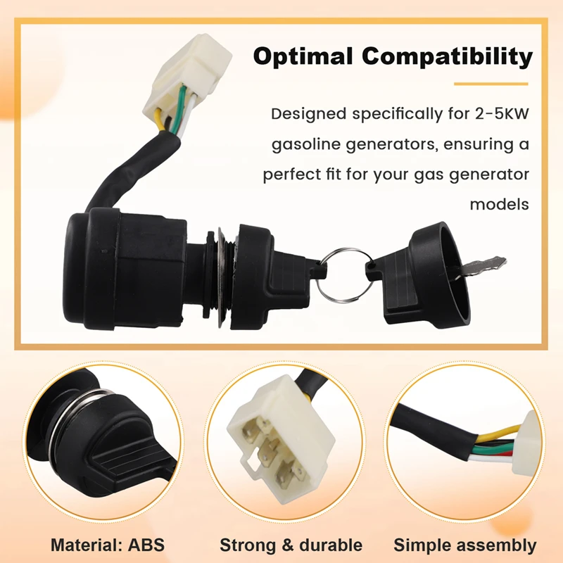 5-Wire Ignition Key Lock Switch Assembly For 2-5KW Gasoline Generators Combination Start Switch Fits Gas Generator