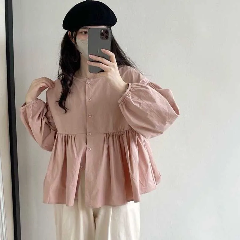 Sweet O-Neck Button Loose Solid Color Folds Shirts Female Clothing 2024 Spring New Oversized Casual Tops All-match Blouses