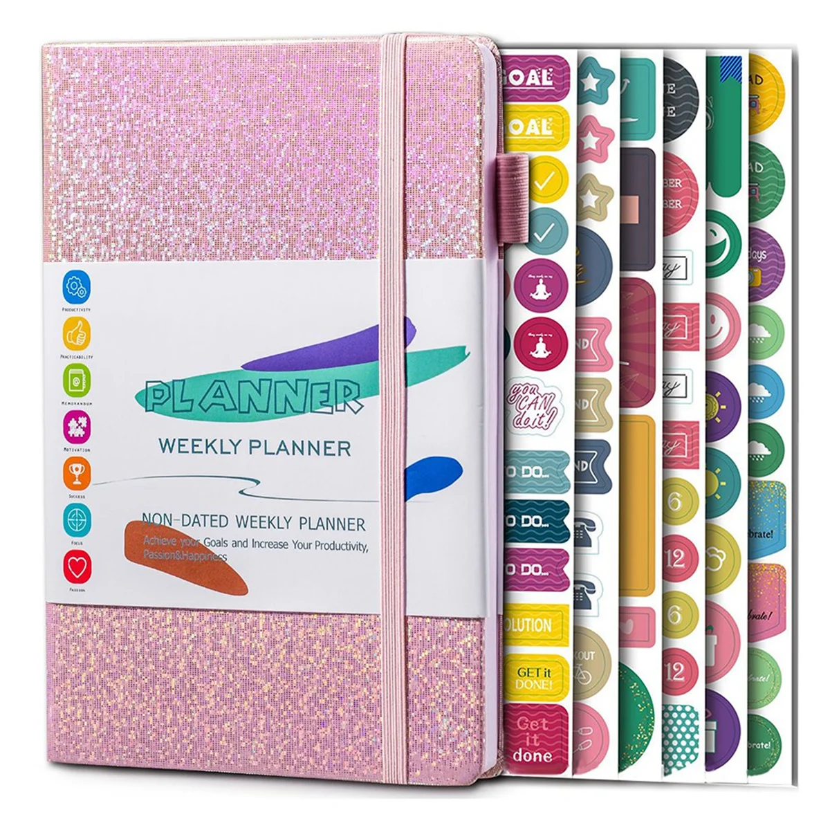 A5 Notebook Paper Diary Notebook with Elastic Strap and Journal Stickers Pink