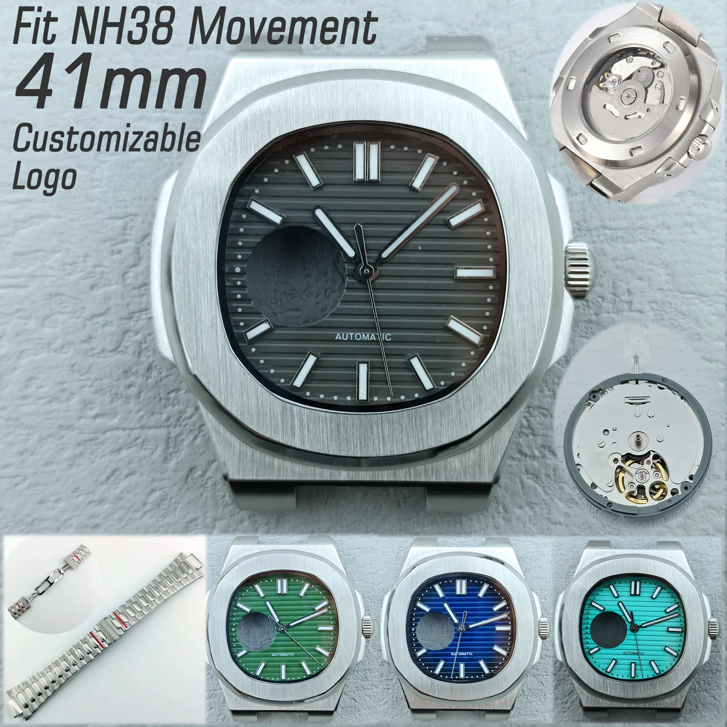 

41mm NH38 Silver Case Stainless Steel Case Customizable Logo NH38 Dial Fit NH38 Movement Diving Watch Accessories Watch Parts