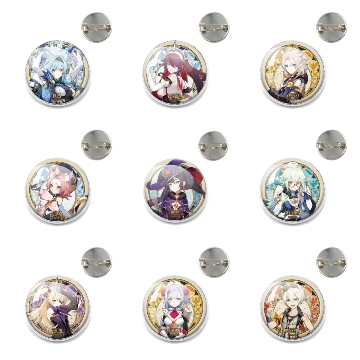 

Game Genshin Monde Characters Brooch Eula Albdo Sucrose Noelle Badge Cartoon Standing Drawing Brooch Fashion Accessories Gift