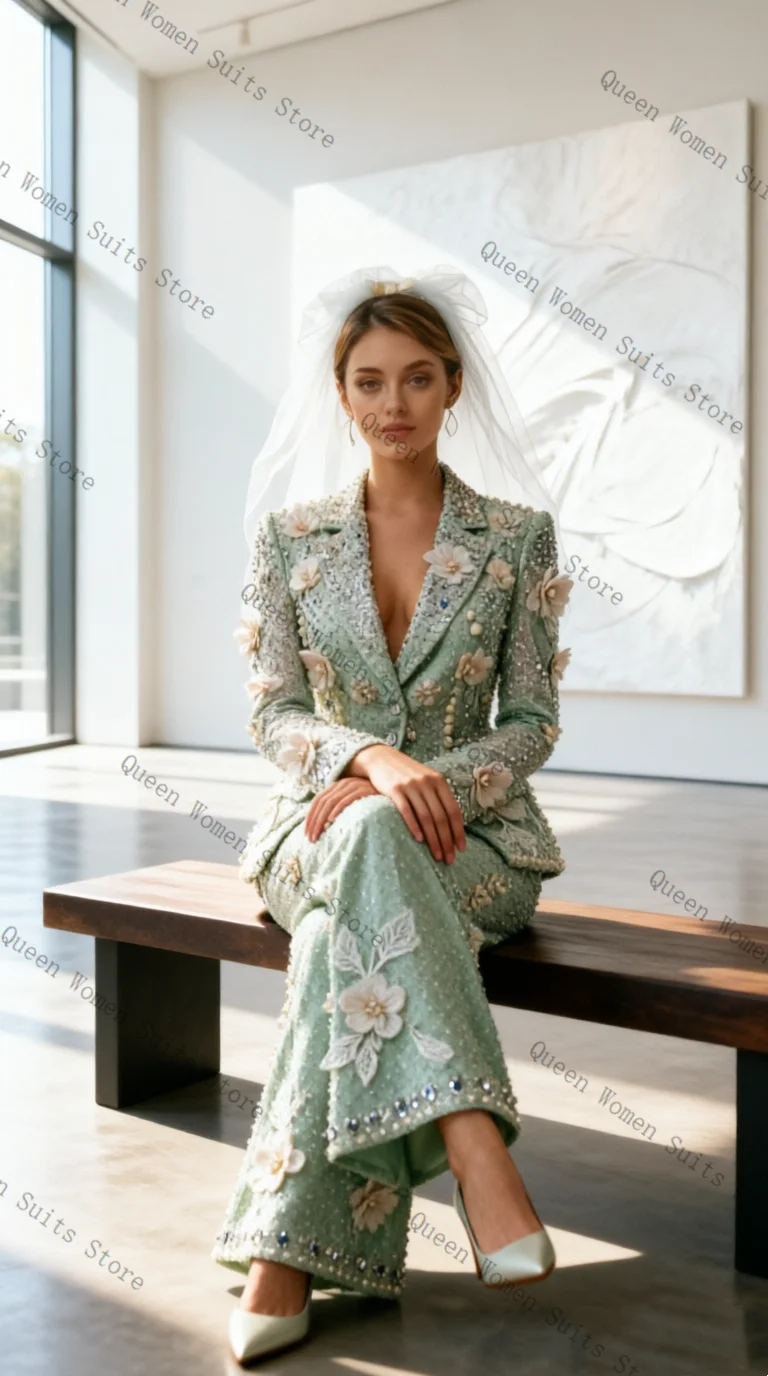 Luxury Pearls Green Women Suit Set 2Pcs Blazer Pants Trousers 3D Flower Prom Office Lady Jacket Wedding Bridal Coat Customized