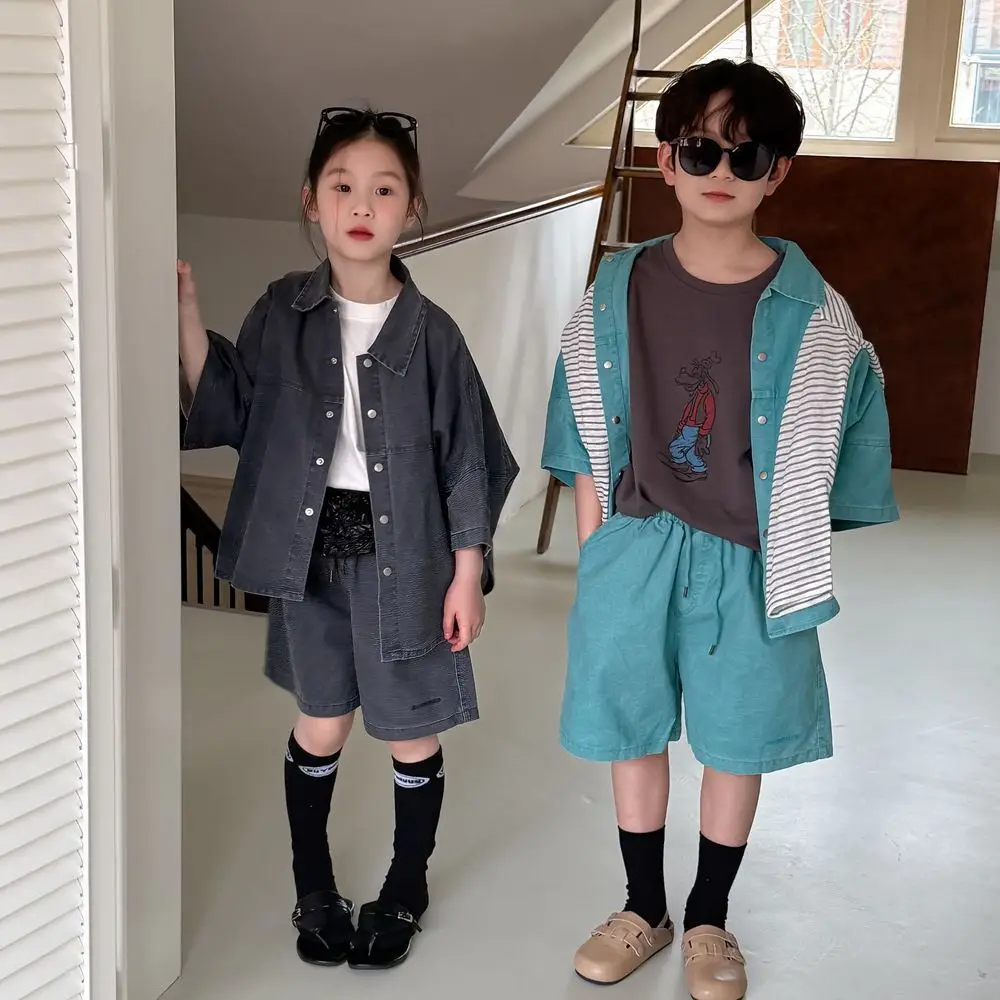 

2025 Summer New Children Short Sleeve Clothes Set Boys Girls Solid Lapel Shirts Coat + Shorts 2pcs Suit Kids Casual Outfits