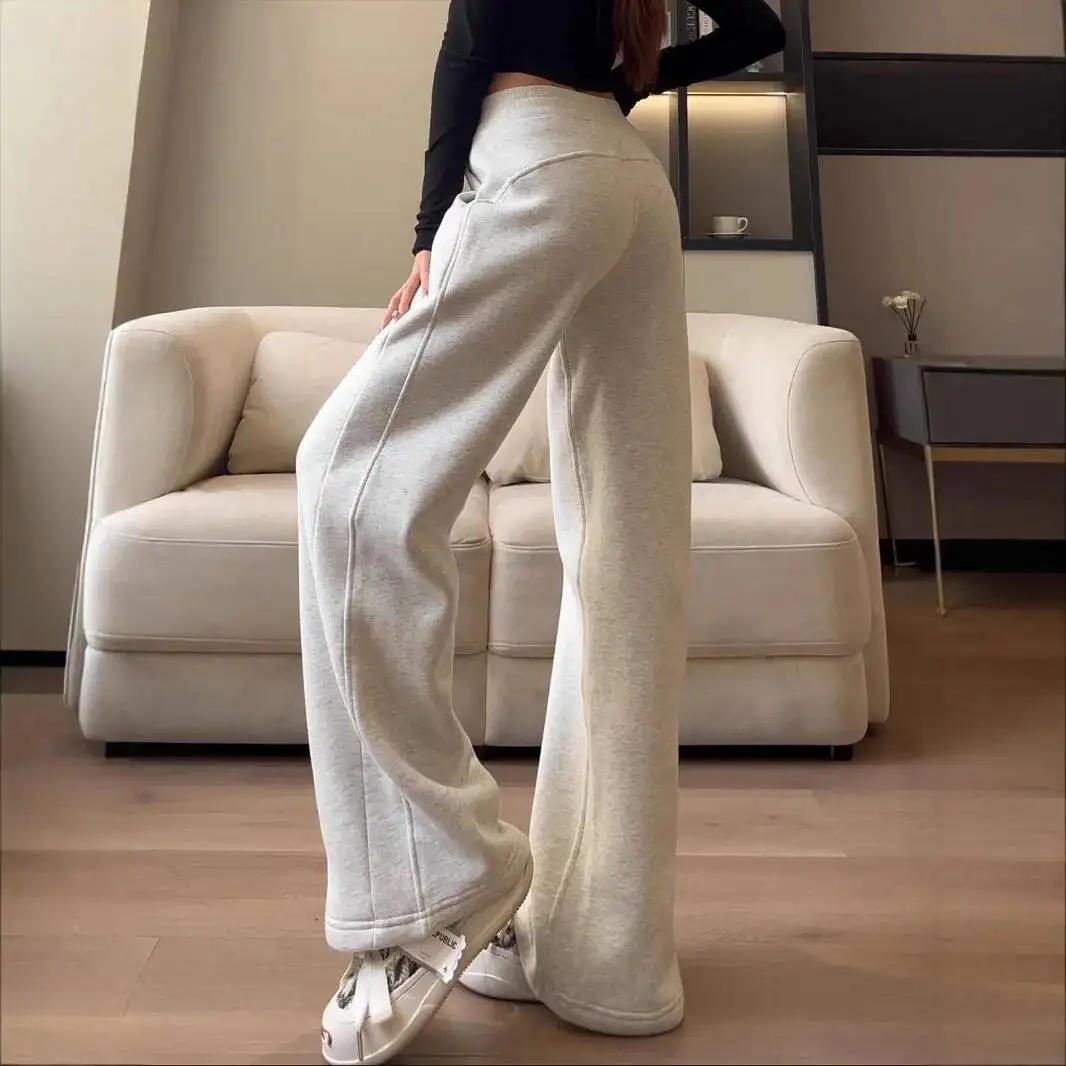 Women Sports Sweat Pants 2025 Autumn Women's Fleece Lined Sweatpants Straight Leg Loose Slim Fitting Casual Wide Leg Pants