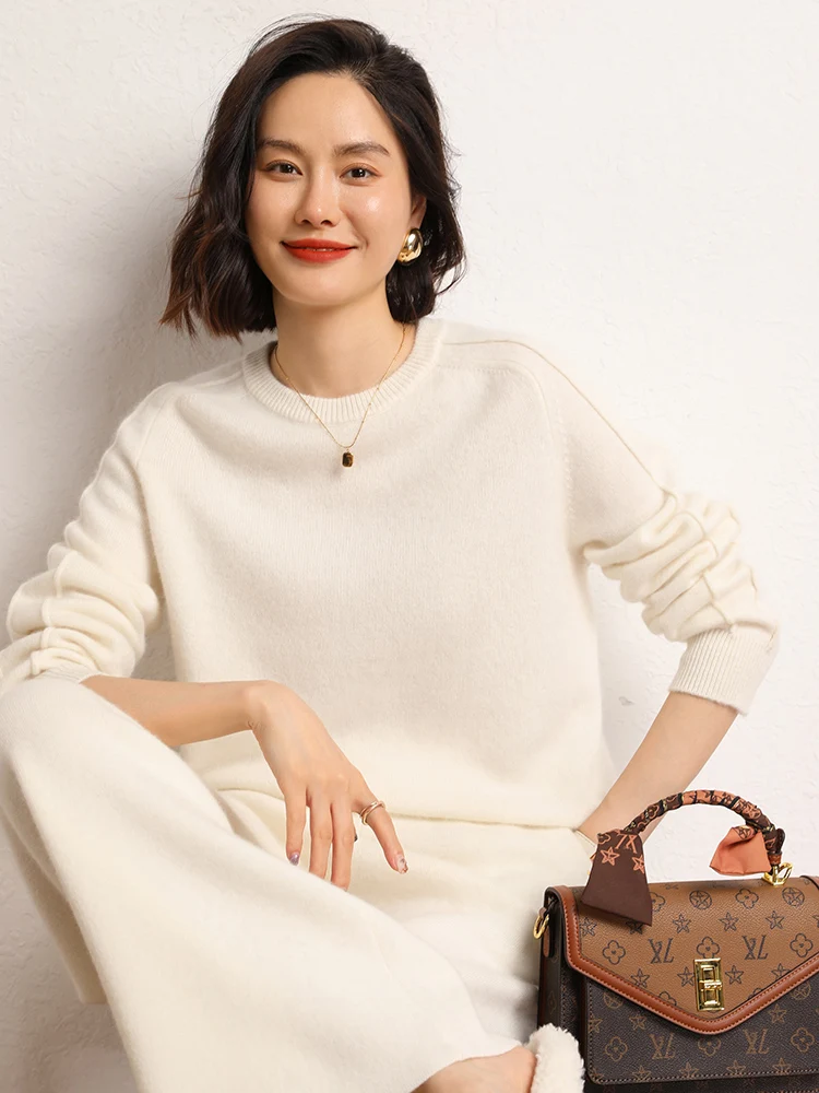 

TLOML New Chic Women's 100% Cashmere Sweater O-neck Pullover Autumn Winter Cashmere Knitted Soft Warm Clothing Luxury Loose Tops