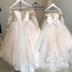 FATAPAESE Vintage Princess Lace Tulle Flower Girls Dress for Kid Child Wedding Party Juniorbridesmaid Maxi Ball Gown Evening