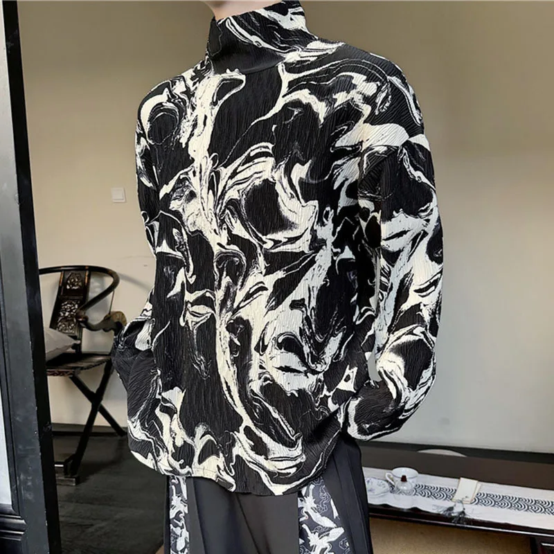 IEFB Long Sleeved Pleated T-shirt Men Wear New Trendy Fashion Folded Half High Collar Chinese Style Digital Printed Top 9C5157