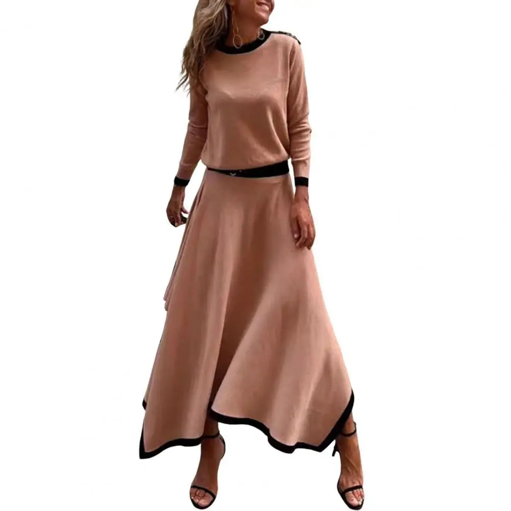 

Women's Top Skirt Round Neck Long Sleeve T-shirt High Stretch Waist Irregular Hem Floor-length Skirt Solid Color Dating Clothing