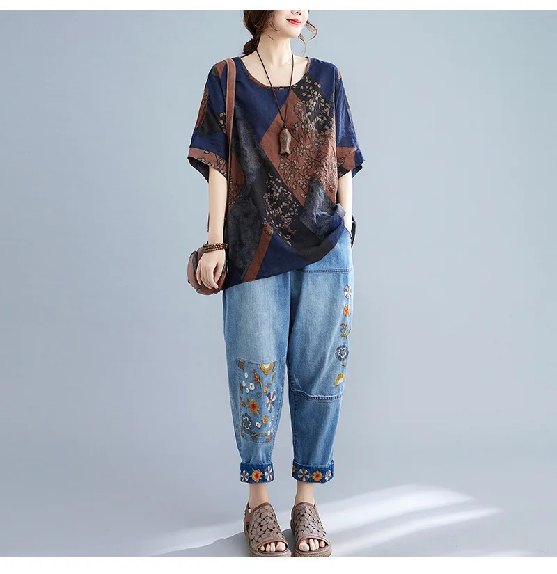 Cotton and Linen Large Size Lady Middle Age Summer Affordable Vintage Round Neck Casual Printing Loose Comfortable All-match Top