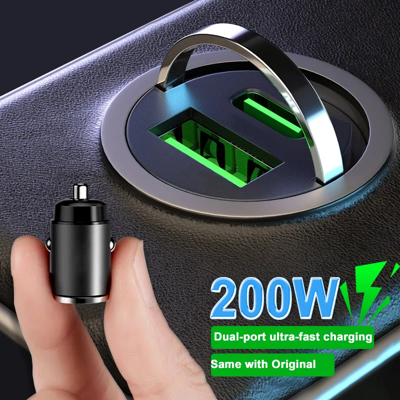 200W mini Car Charger Lighter Fast Charging for iPhone QC3.0 Mini PD USB Type C Car Phone Charger for Xiaomi Samsung Huawei