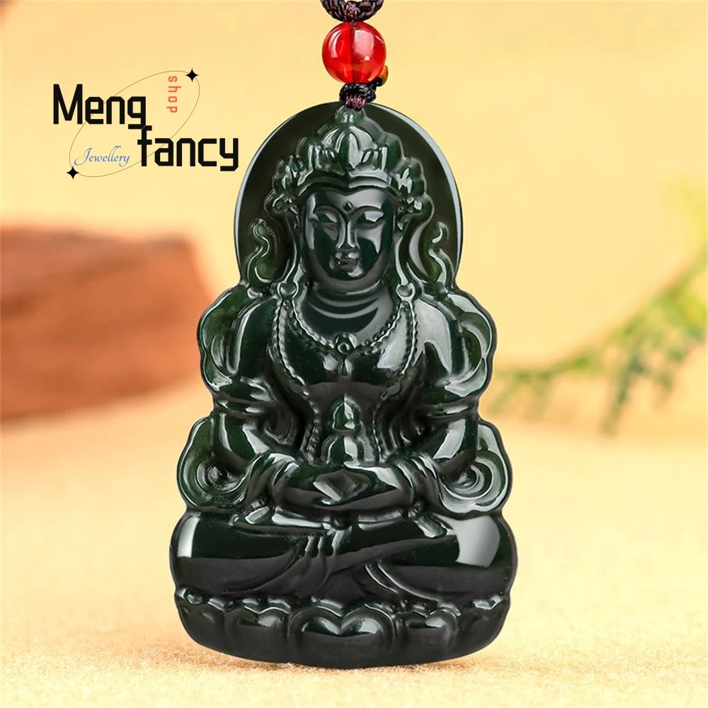 

Natural Hetian Ink Jade Guanyin Bodhisattva Pendant Charms Fashion Jewelry Engraver Amulet Mascots Luxury Men Women Holiday Gift