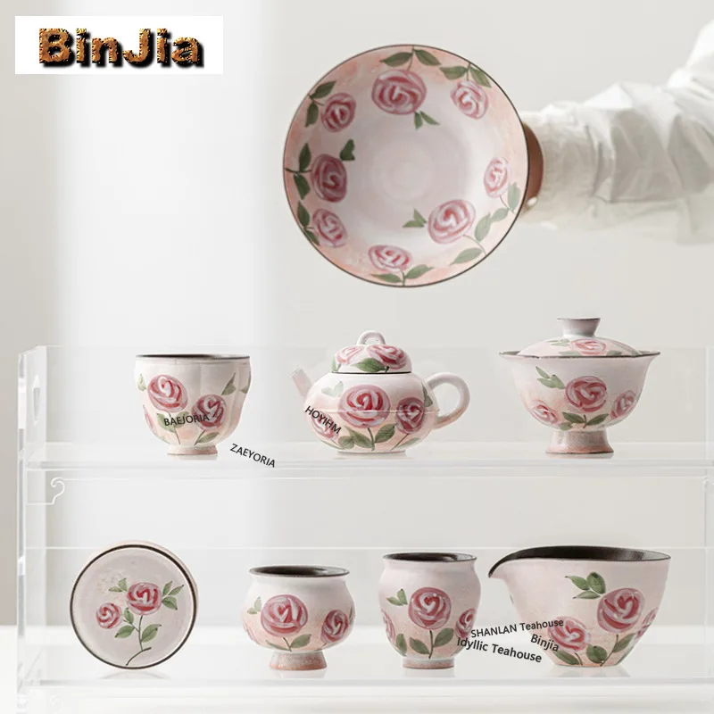 BAEJORIA 130ml Powder Yin Hand Drawn Rose Teapot Japanese Tea Infuser Pot Tea Soaking Kettle With Ball Hole Tea Services Craft