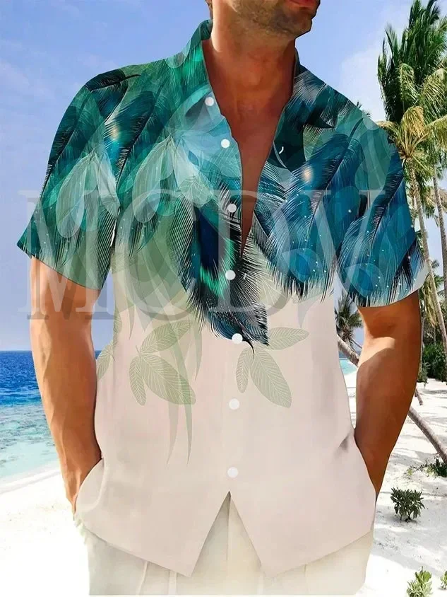 Royaura Linen Gradient Tropical Leaf Print Men's Vacation Beach Hawaiian Big & Tall Aloha Shirt Summer Tops